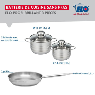 Ensemble de 1 Poêle de cuisson 28 cm et 2 faitouts 14 et 16 cm Elo Profi Brillant
