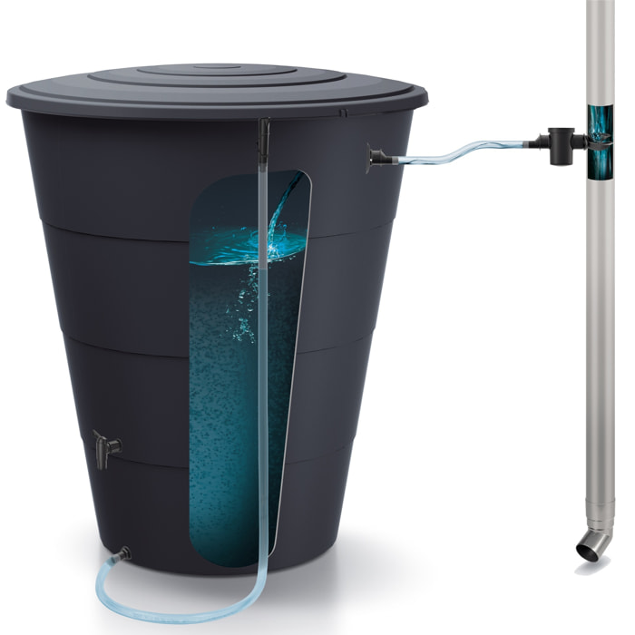 Barril de agua de lluvia 210l smooth de plastico en color antracita 75,3 (largo) x 75,3 (ancho) x 86,5 (altura) cm + set de accesorios icanset7