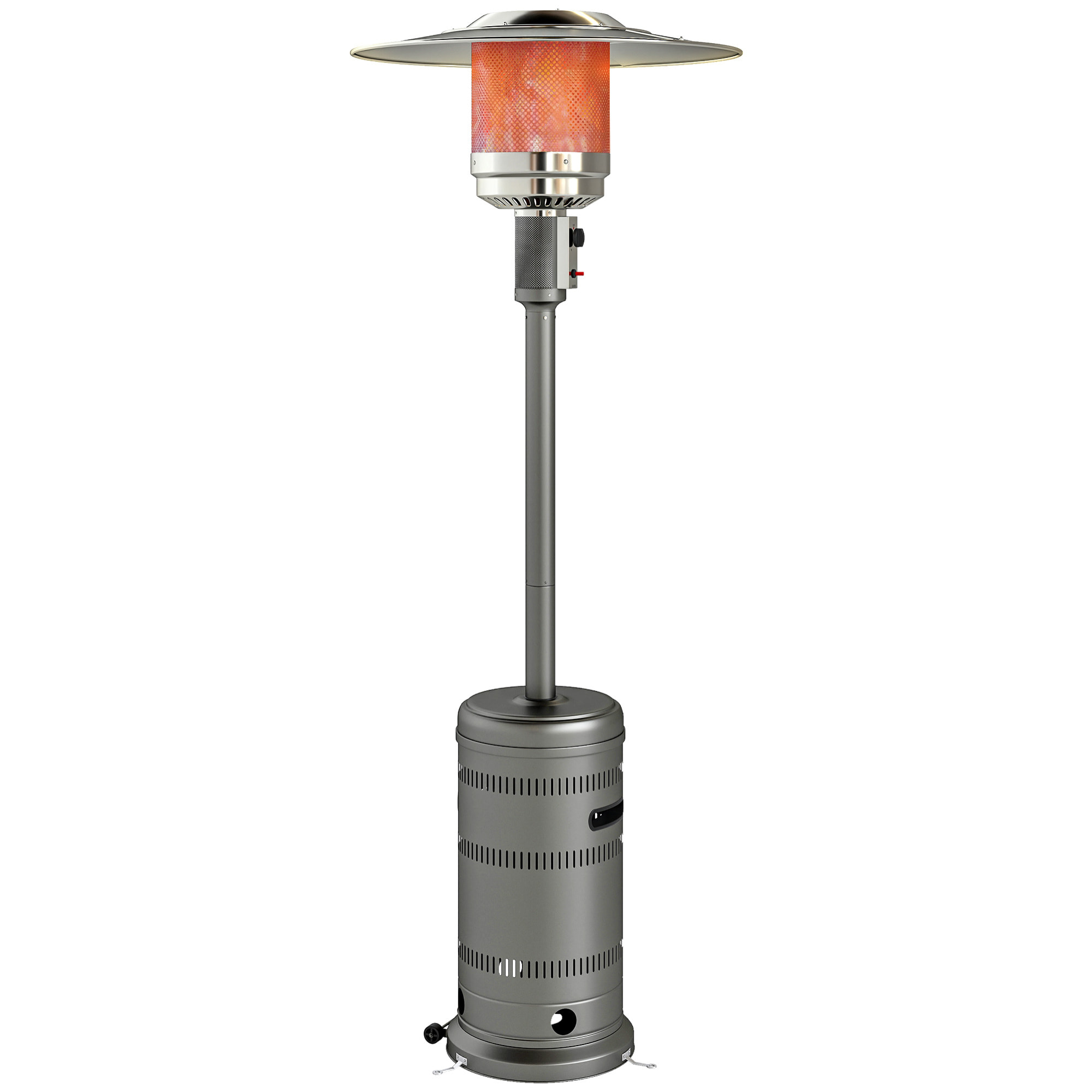 Estufa de Gas Butano, 13 KW, Calefactor de Exterior a Gas Portátil con Temperatura Ajustable, Protección contra Vuelcos, Encendido Piezoeléctrico y Ruedas, Apta para Butano y Propano, Gris