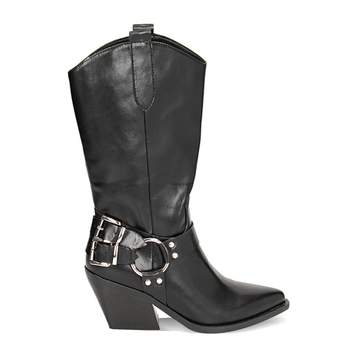 Stivali texani neri con fibbie, tacco 6,5 cm