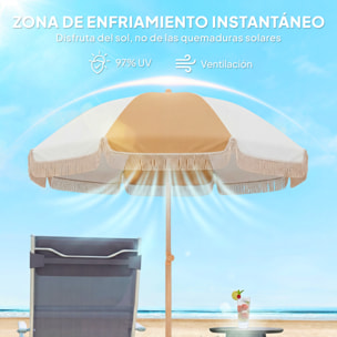Sombrilla de Playa con Flecos Ø175 cm, Sombrilla de Terraza Exterior con Altura Ajustable, Inclinación 30°, Anclaje Arena, UPF30+ y Bolsa de Transporte, Blanco y Beige