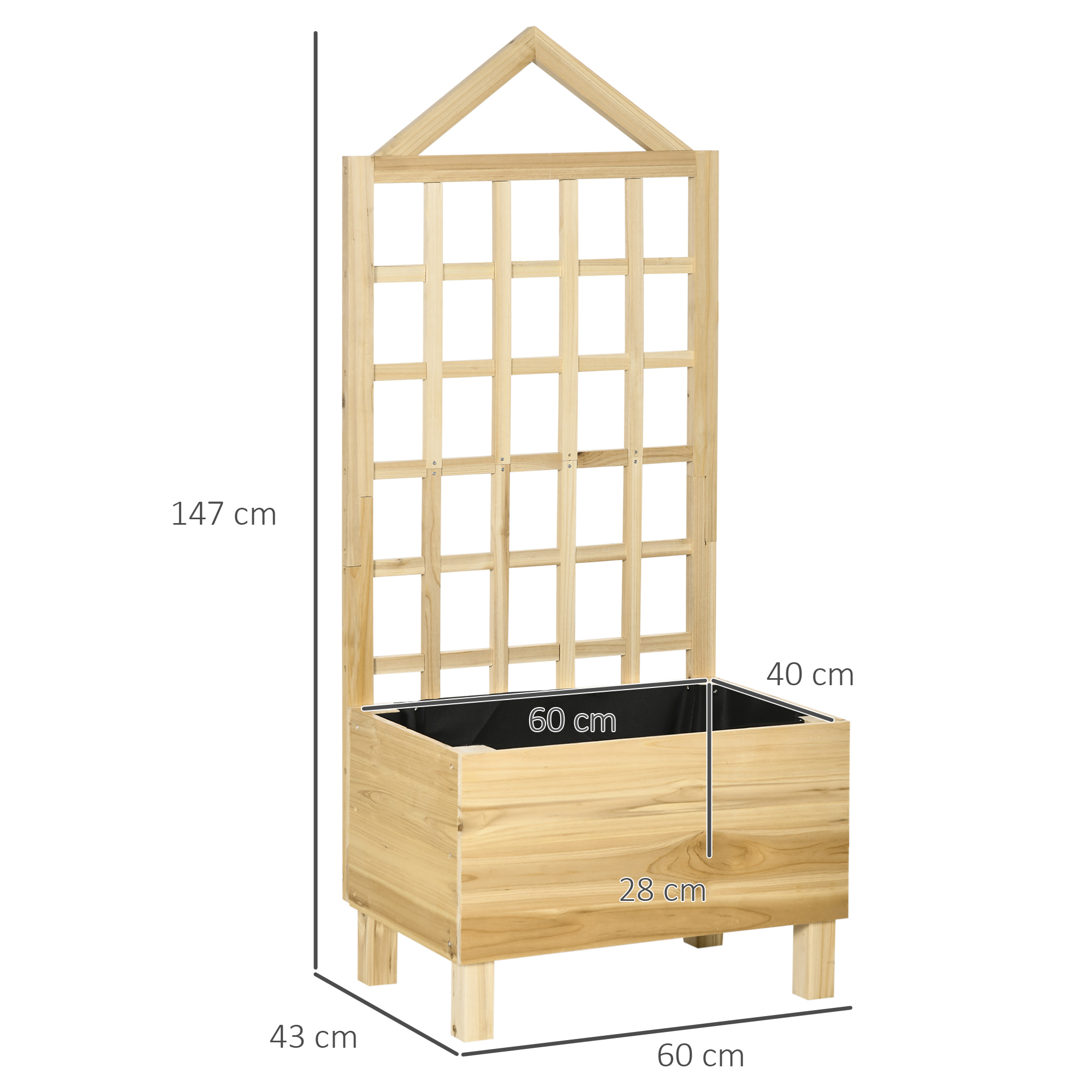 Jardinera de Madera con Enrejado Jardinera con Celosía Arriate de Jardín con Tela no Tejida y 2 Orificios de Drenaje para Cultivos Verduras Flores 60x43x147 cm Natural