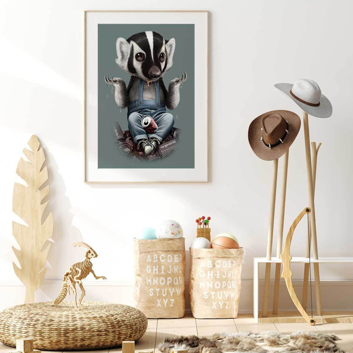 Affiche enfant frisson de blaireau  Affiche + cadre en bois - Chêne