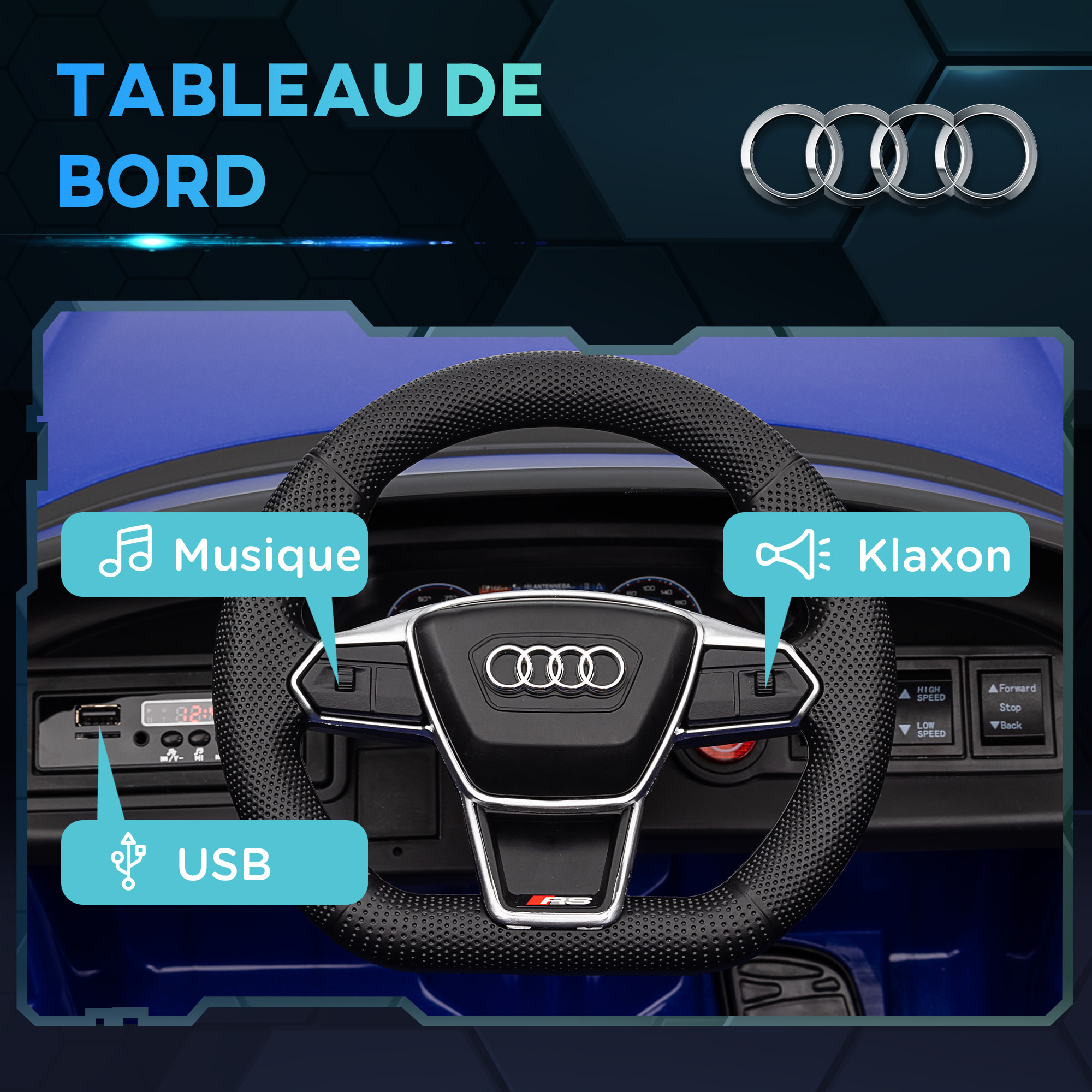 Véhicule électrique enfant Audi RS e-tron GT V. max. 5 Km/h télécommande effets sonores + lumineux bleu indigo