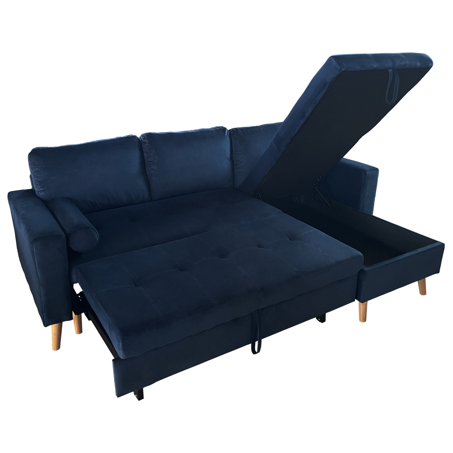 Canapé d'angle convertible JAMES 3 places en velours bleu