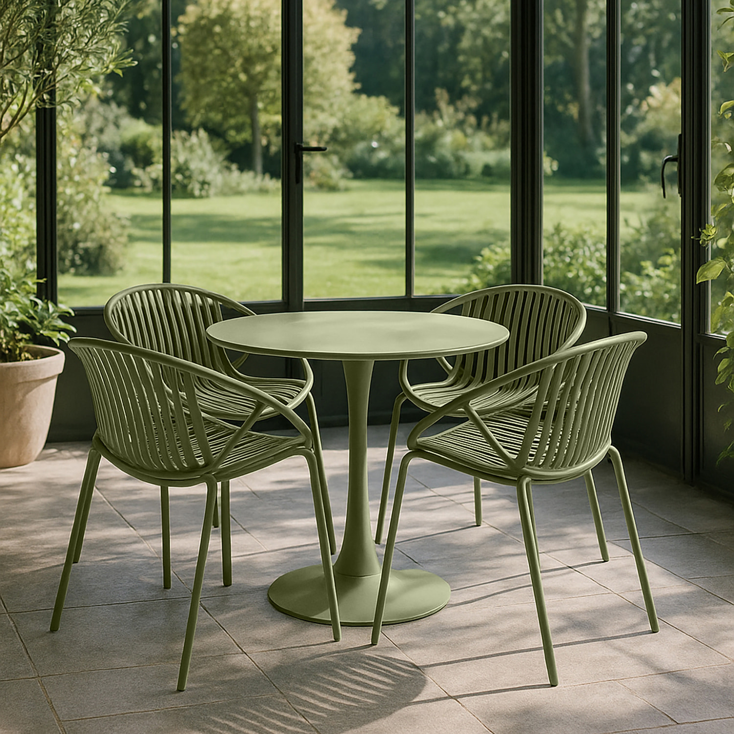 Ensemble table ronde et 4 fauteuils vert CALYPSO