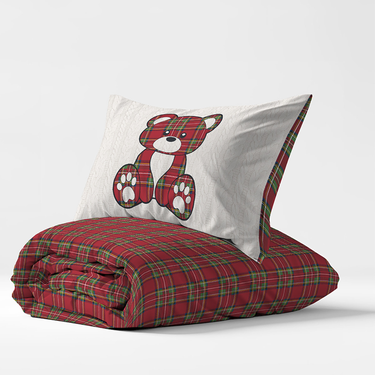Parure copripiumino orsetto tartan inverno rosso 100% cotone