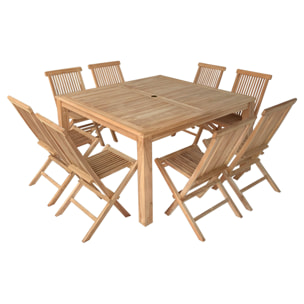 Salon de jardin en teck JAVA - table carrée et chaises pliantes - 8 places