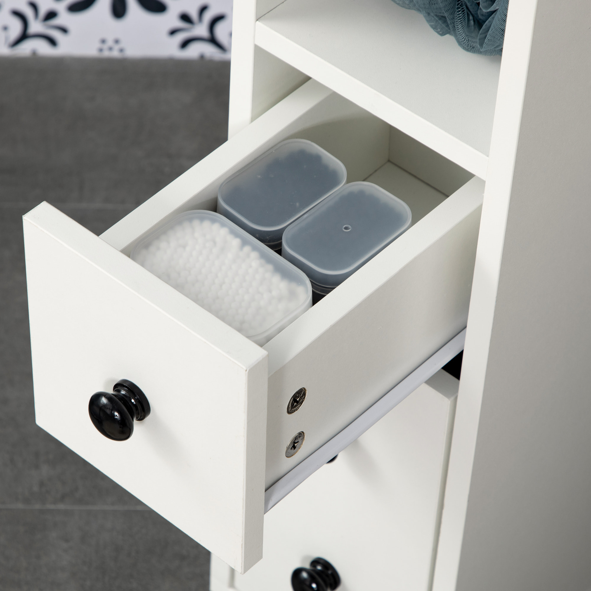 kleankin Armario de Baño Mueble Auxiliar para Baño Espacio Reducido con Ruedas Estantes Abiertos Armario Cajón 18x30x68,5 cm Blanco