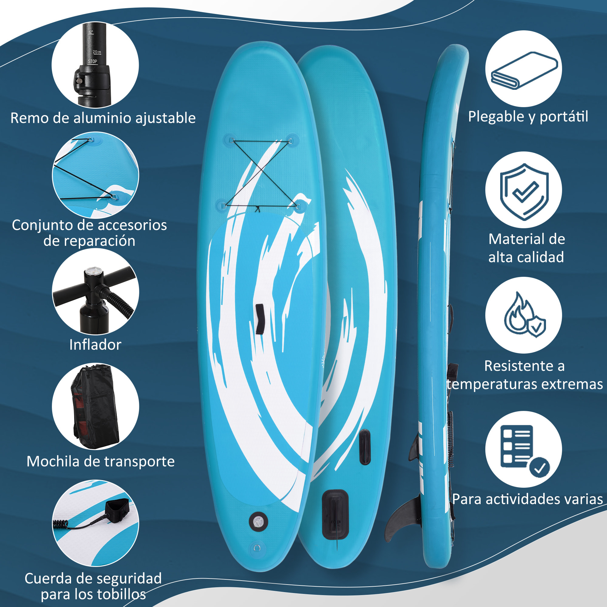 Tabla de Paddle Surf Hinchable 300x76x15 cm con Remo Ajustable Aletas Bomba Azul