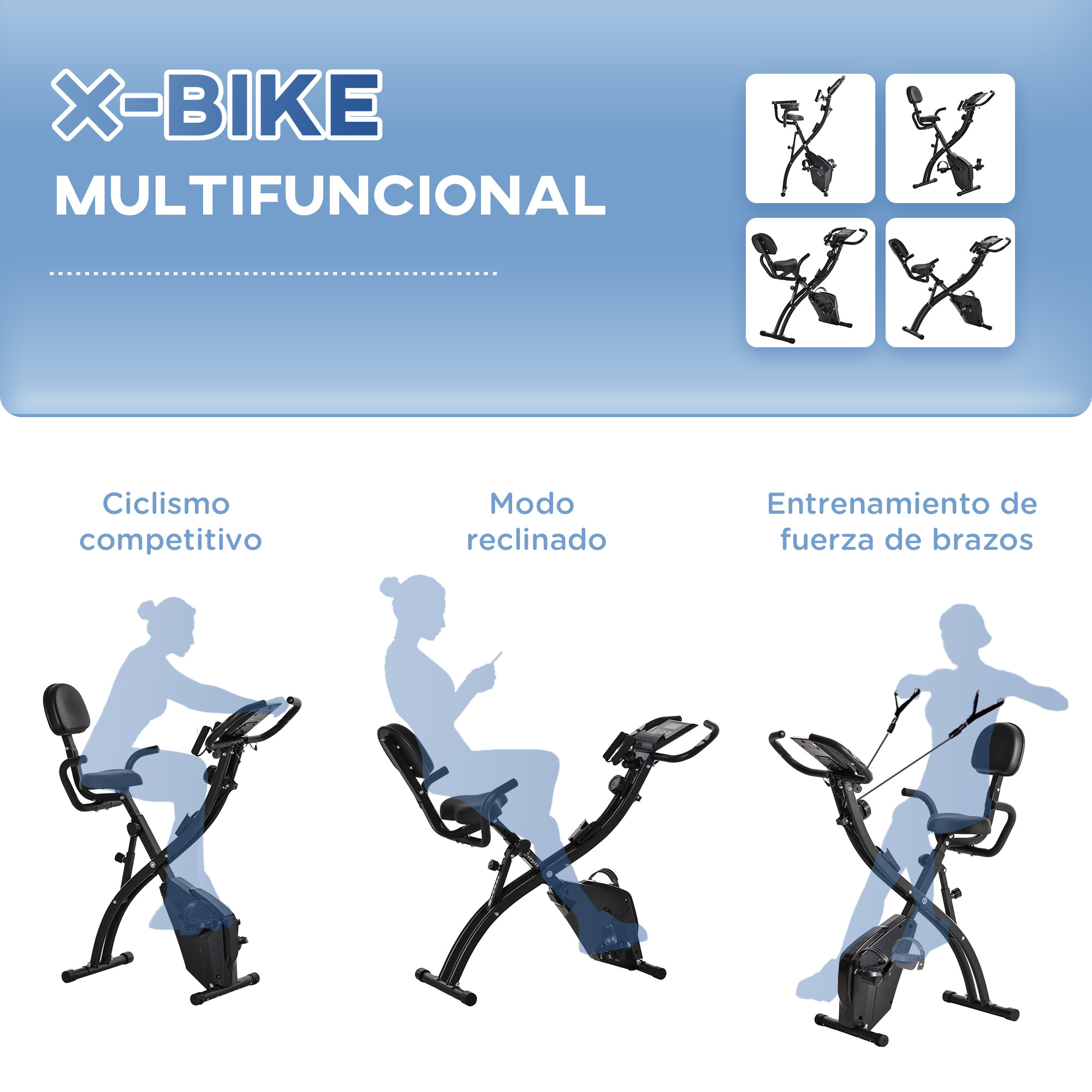 Bicicleta Estática Plegable 3 en 1 con Respaldo y 8 Niveles Resistencia Magnética, Bicicleta Estática para Casa Ajustable con Monitor LCD Volante Banda Sensor de Pulso Soporte de Teléfono Negro