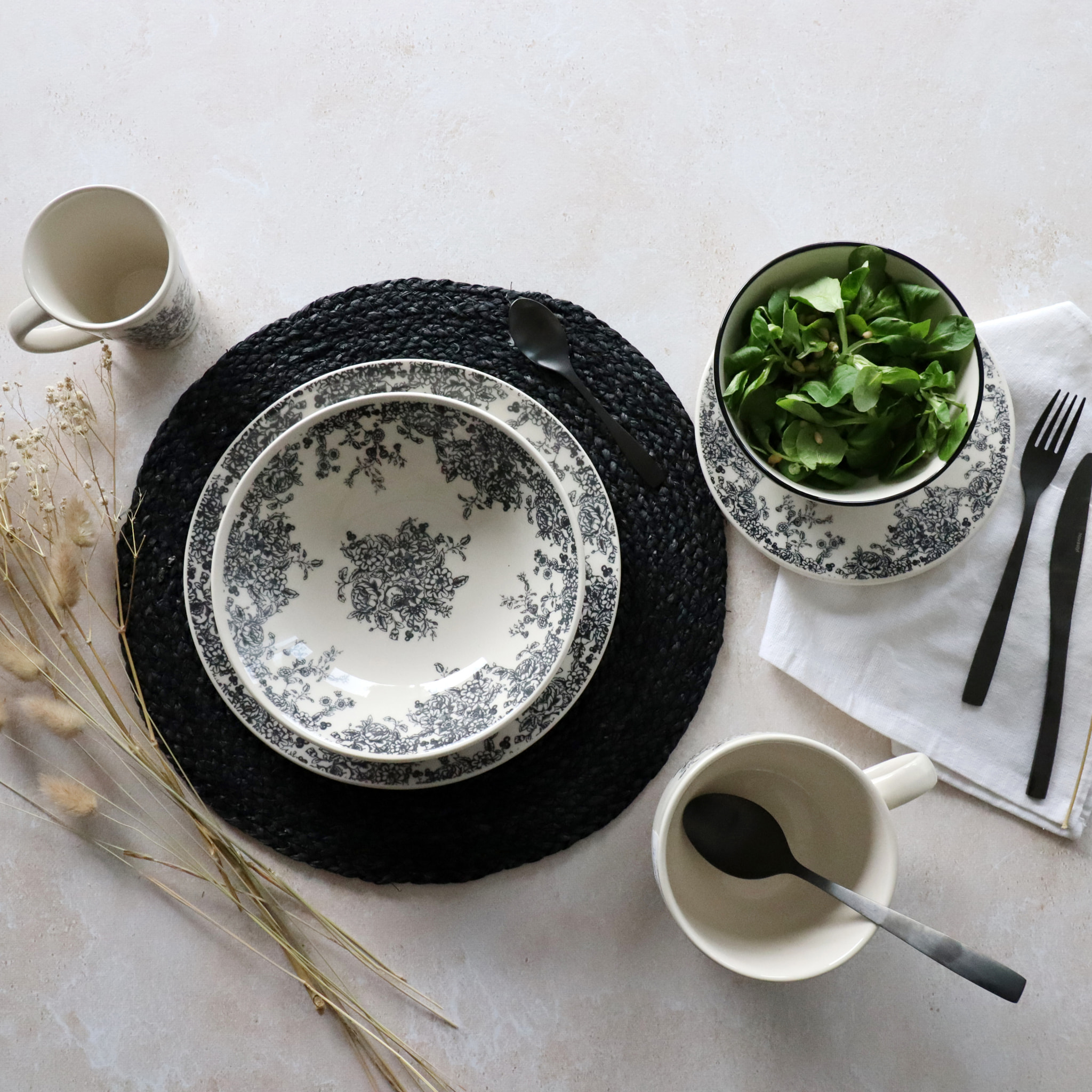 Lot de 6 assiettes plates porcelaine blanc et noir 26cm FLORALI