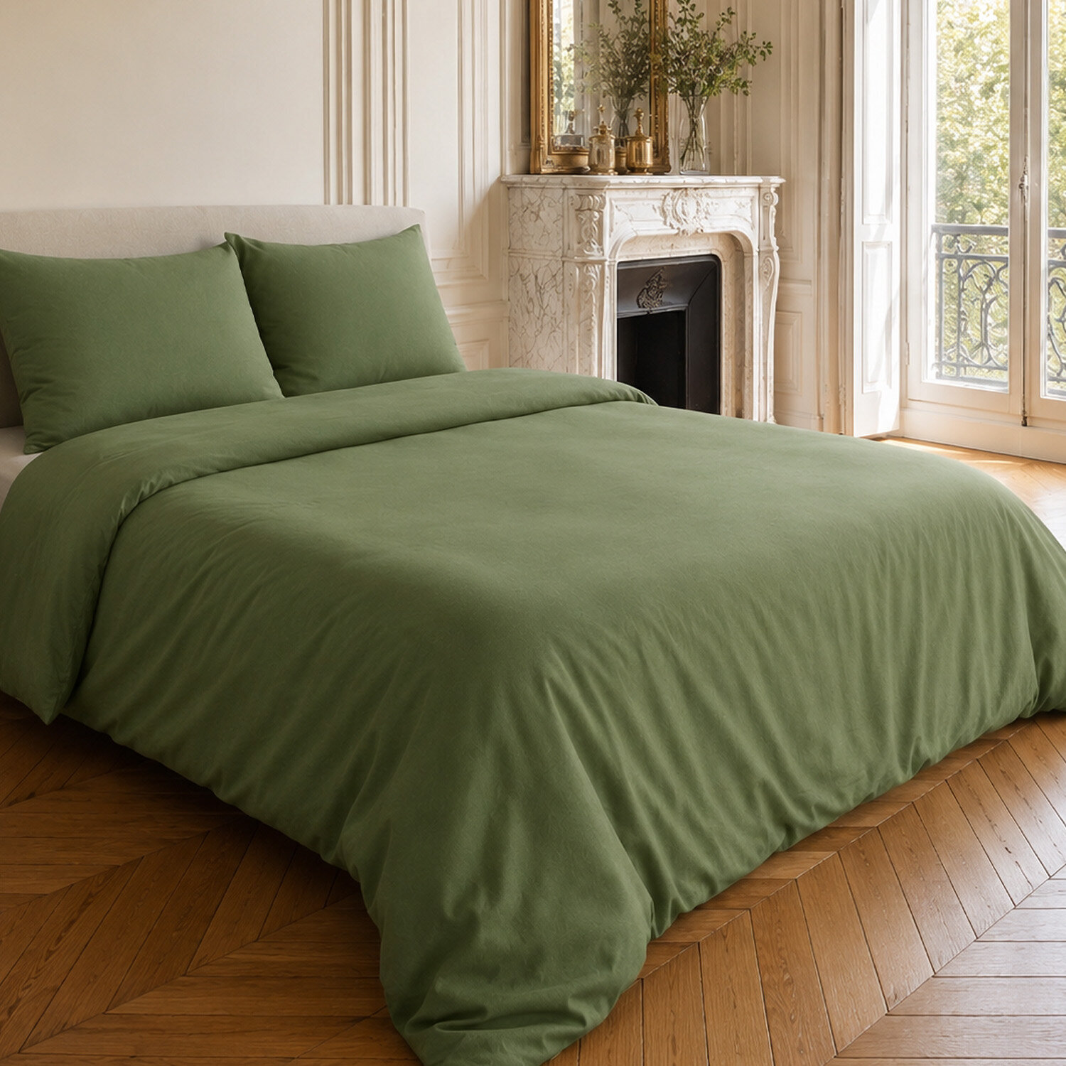Parure housse de couette coton/lin unie vert kaki, HAVEN
