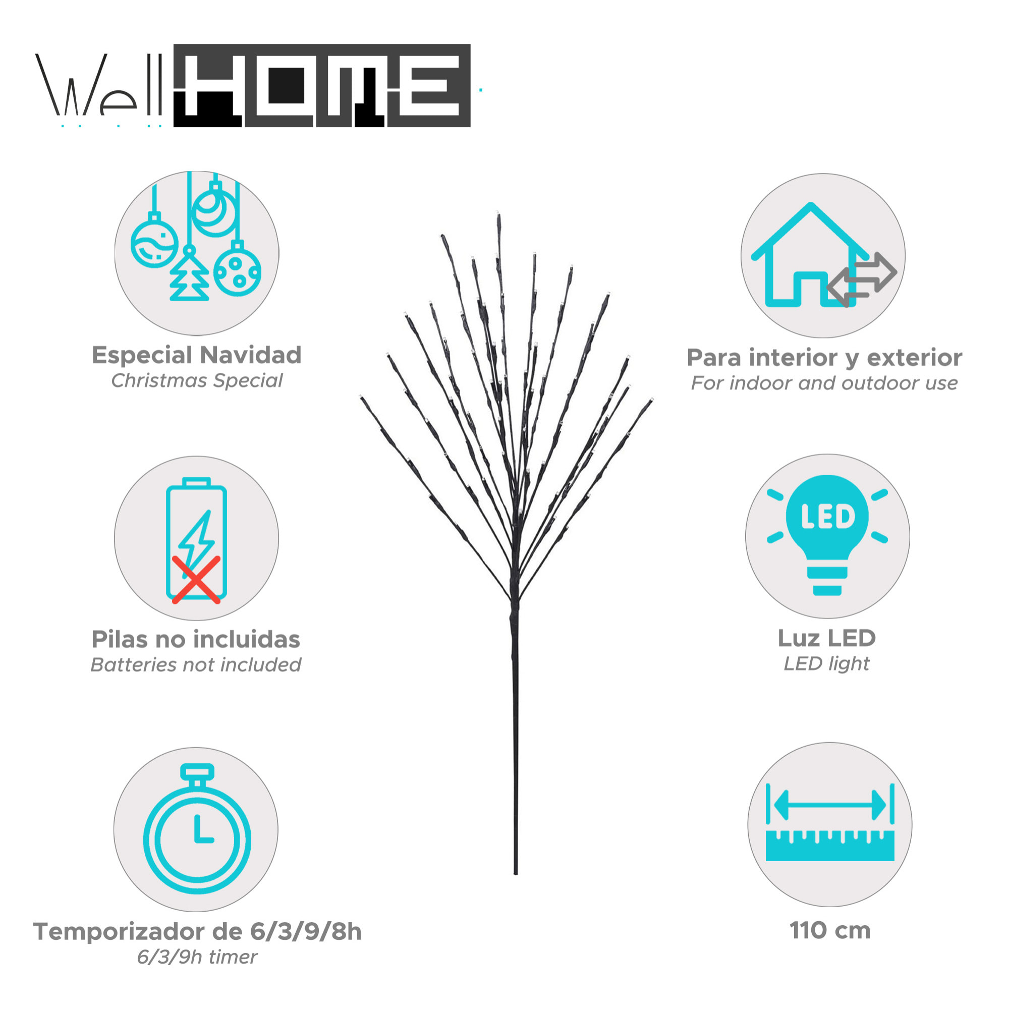 árbol artificial de 110cm con 80 luces led blanco cálido y doble temporizador