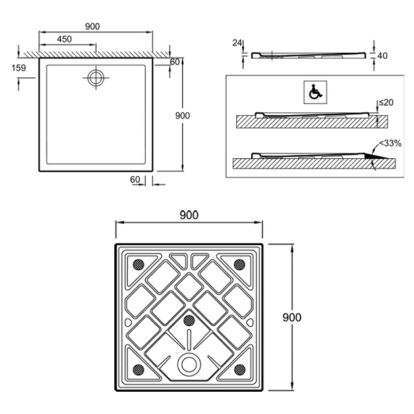 Receveur de douche 90 x 90 cm  Gaspard céramique carré