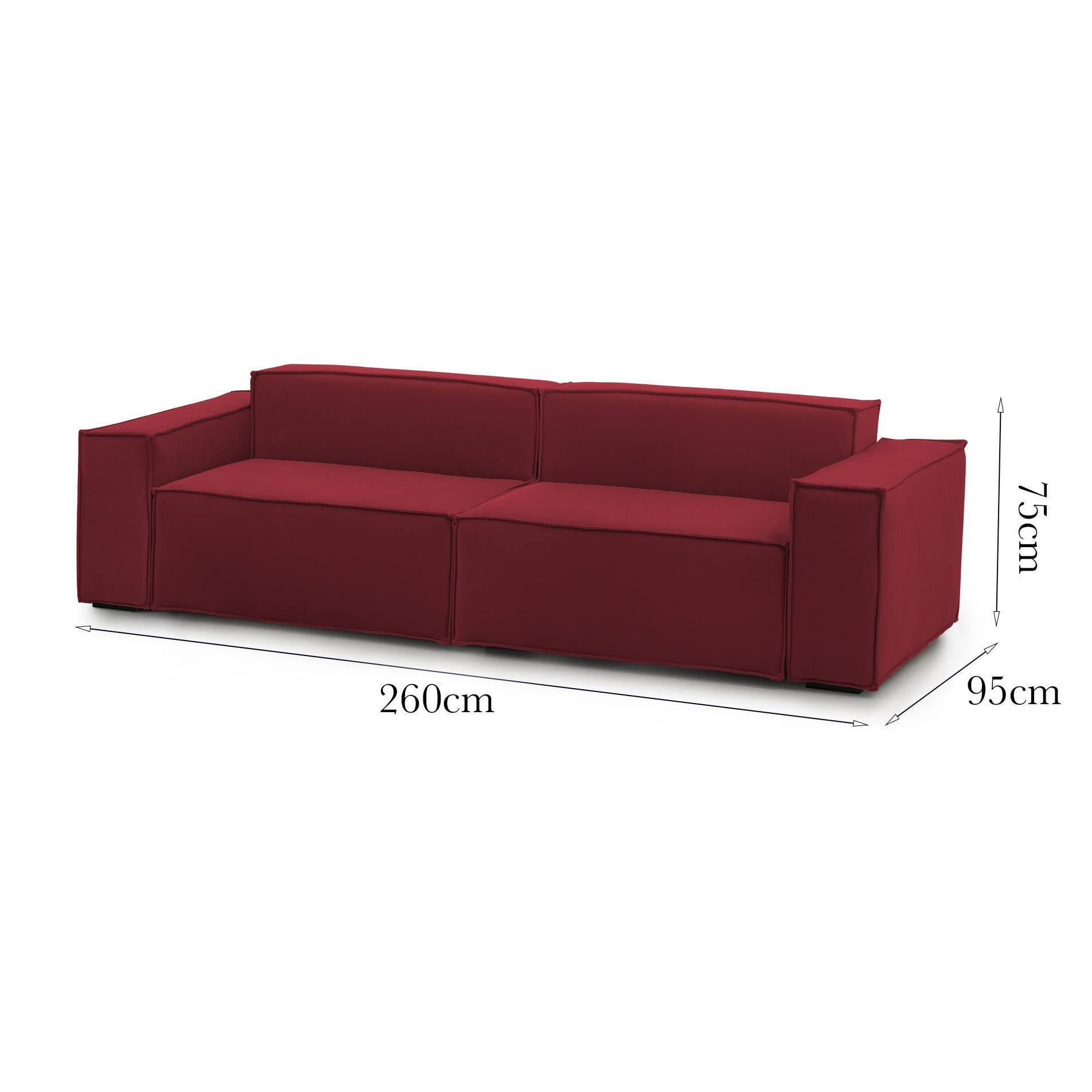 Divano fisso Simona, Divano componibile a 3 posti lineare, 100% Made in Italy, Sofà moderno da soggiorno in tessuto, Cm 260x95h70, Rosso