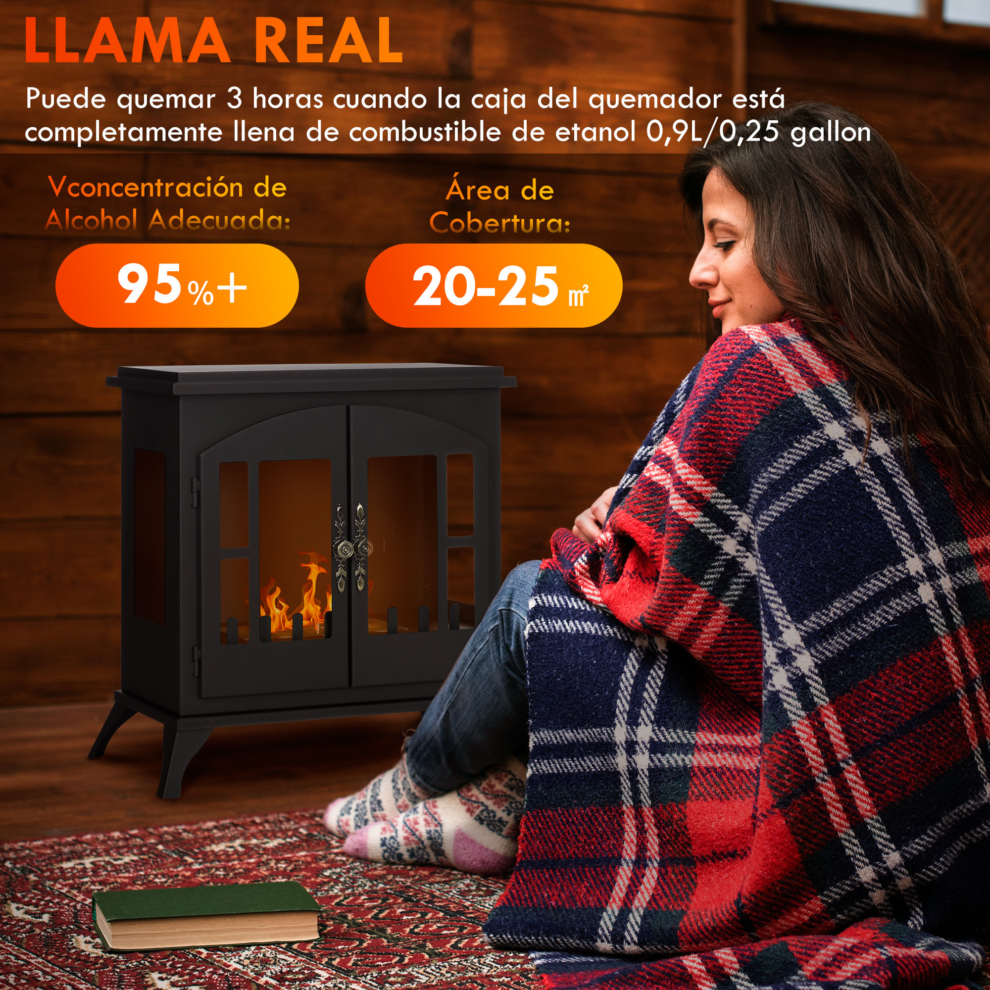 Chimenea de Bioetanol Estufa de Bioetanol de Pie con Tanque de 0,9 L Apagallamas de Acero Inoxidable Tiempo de Combustión 3H para Interiores 20-25 m² 55x31x55 cm Negro