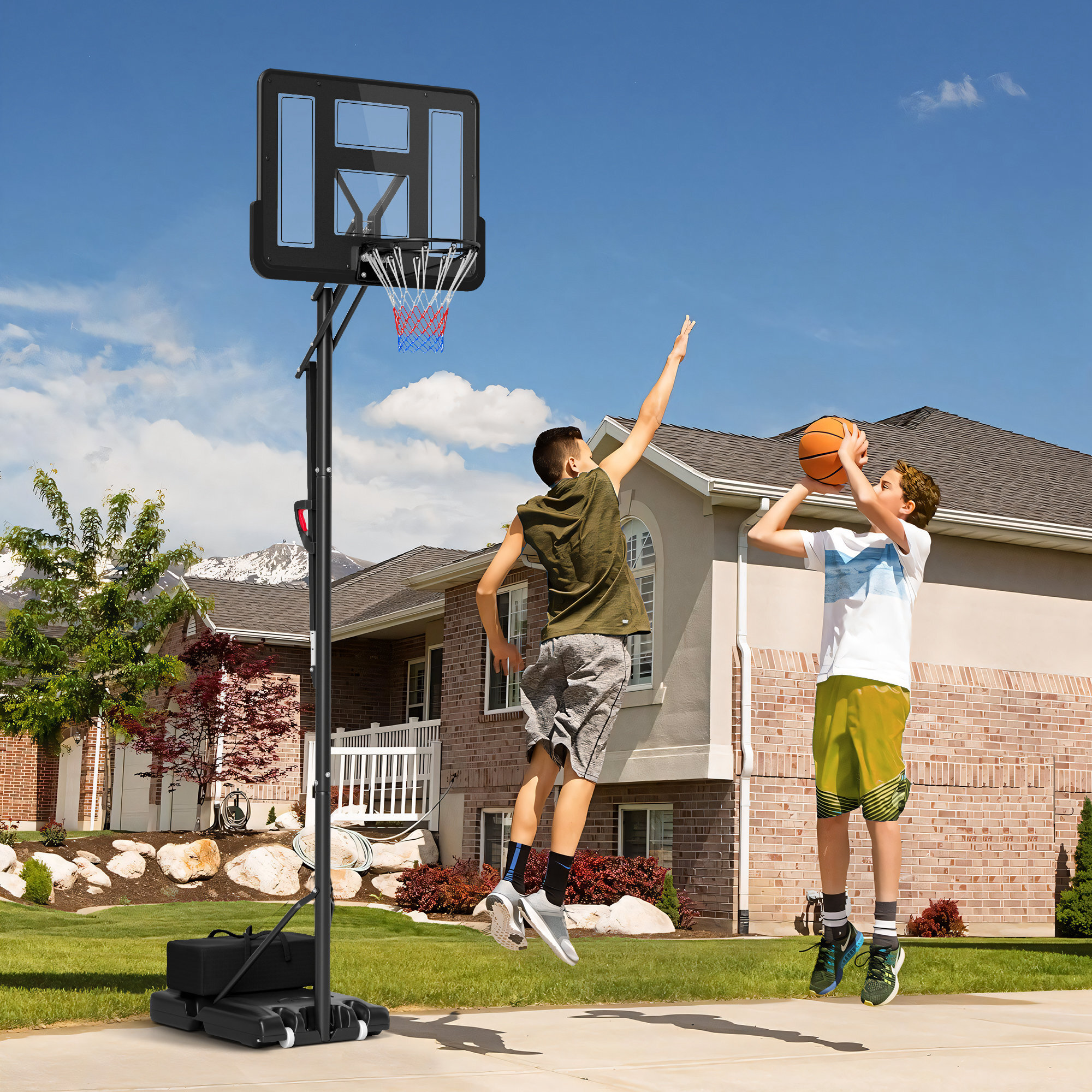 Canasta de Baloncesto de Exterior con Altura Ajustable 235-305 cm Aro de Baloncesto con Soporte Canasta de Baloncesto con Ruedas Base Rellenable Bolsa de Peso Negro
