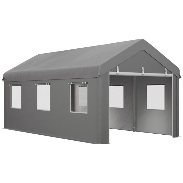 Tente garage carport dim. 6L x 2,95l x 2,78H m acier galvanisé PE haute densité 2 portes 6 fenêtres gris