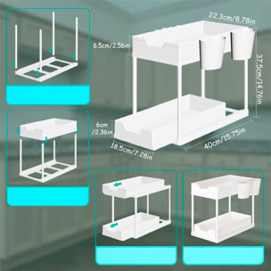 Organizador deslizable de 2 niveles, ideal para maximizar el espacio, con 4 ganchos y 2 cestas.