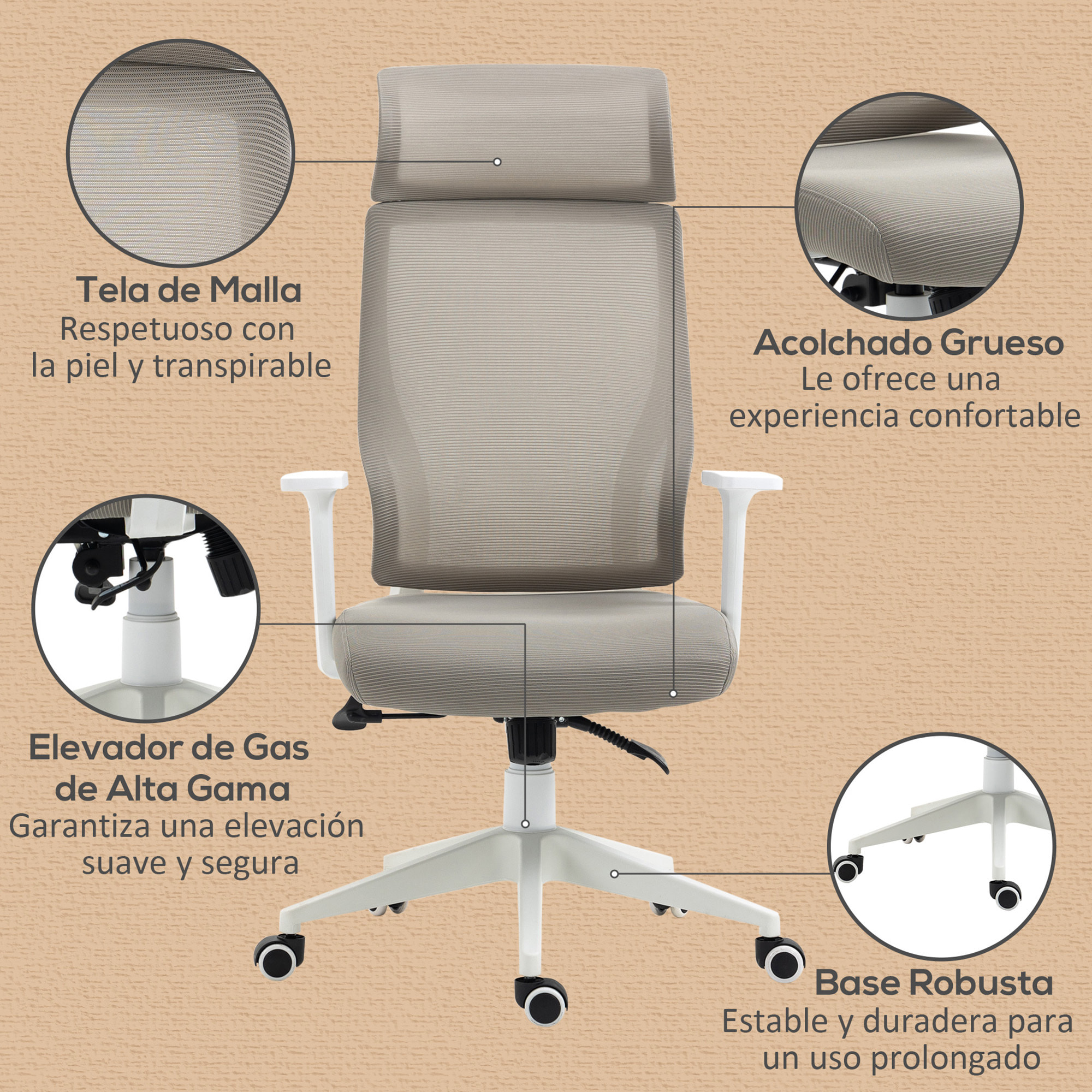 Conjunto de Oficina Incluye 1 Silla de Oficina Reclinable con Ruedas y Altura Ajustable 64x61x120,9-128,9 cm y 1 Alfombra Protectora de Suelo 90x120 cm Gris y Transparente