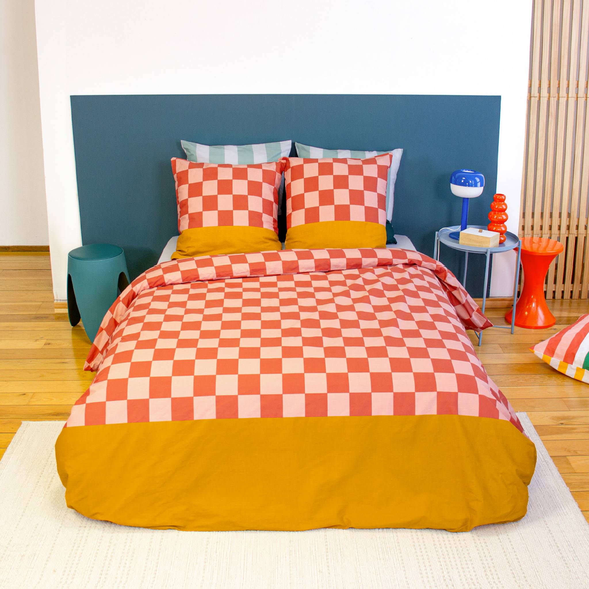 Parure de lit coton motifs damier 2 places rouge et orange FUTUNA