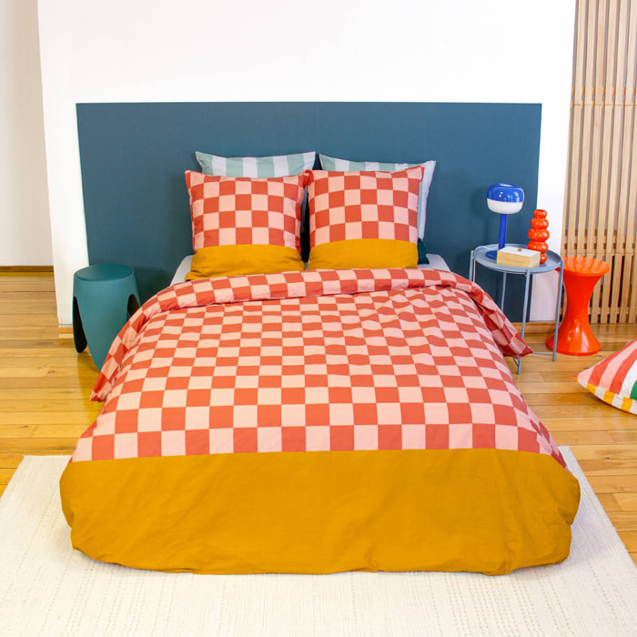 Parure de lit coton motifs damier 2 places rouge et orange FUTUNA