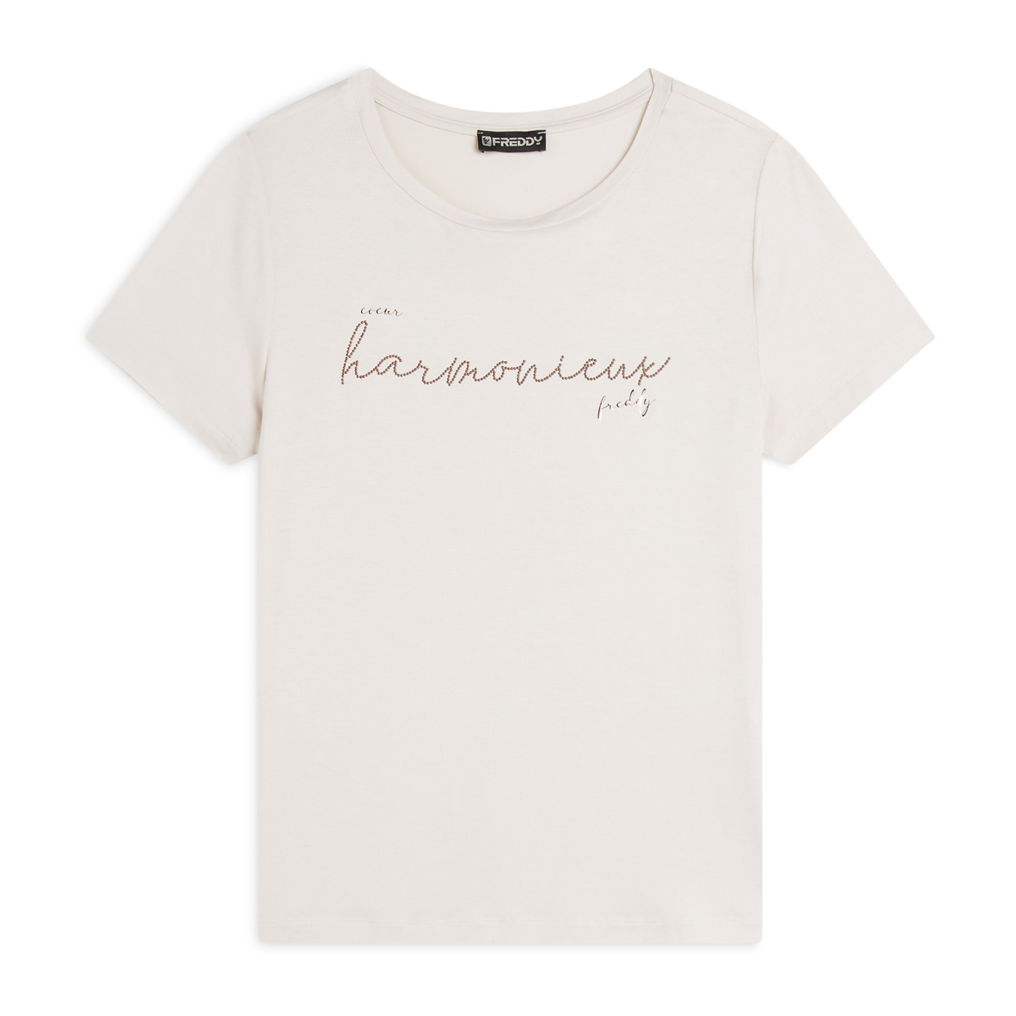 T-shirt donna in jersey viscosa scritta composta da borchie