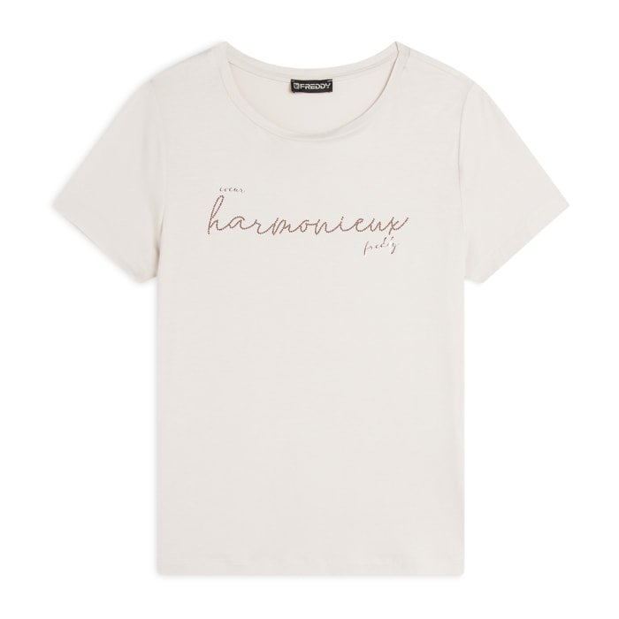 T-shirt donna in jersey viscosa scritta composta da borchie