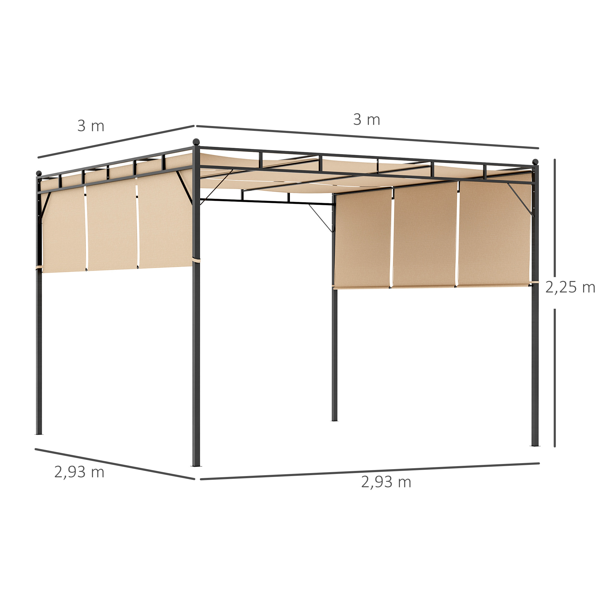 Pergola rétractable dim. 3L x 3l x 2,2H m structure acier époxy anticorrosion noir triple toile polyester haute densité beige