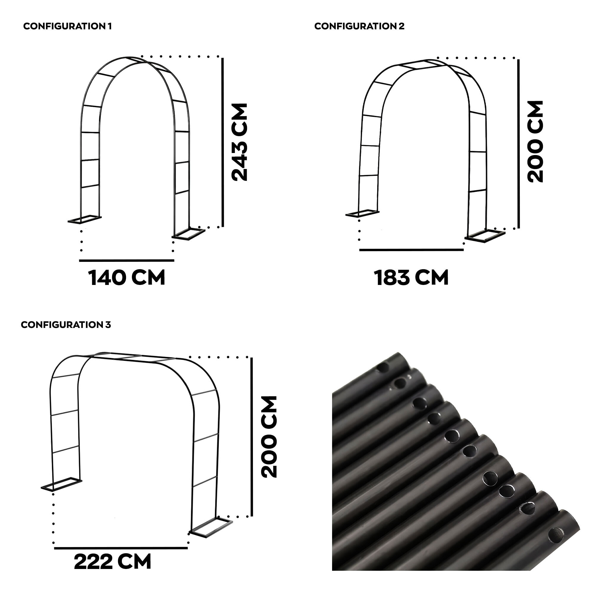 Kiros - Arco Floreale Da Giardino con Base Lunghezza e Altezza Regolabili Supporto per piante in Metallo Nero