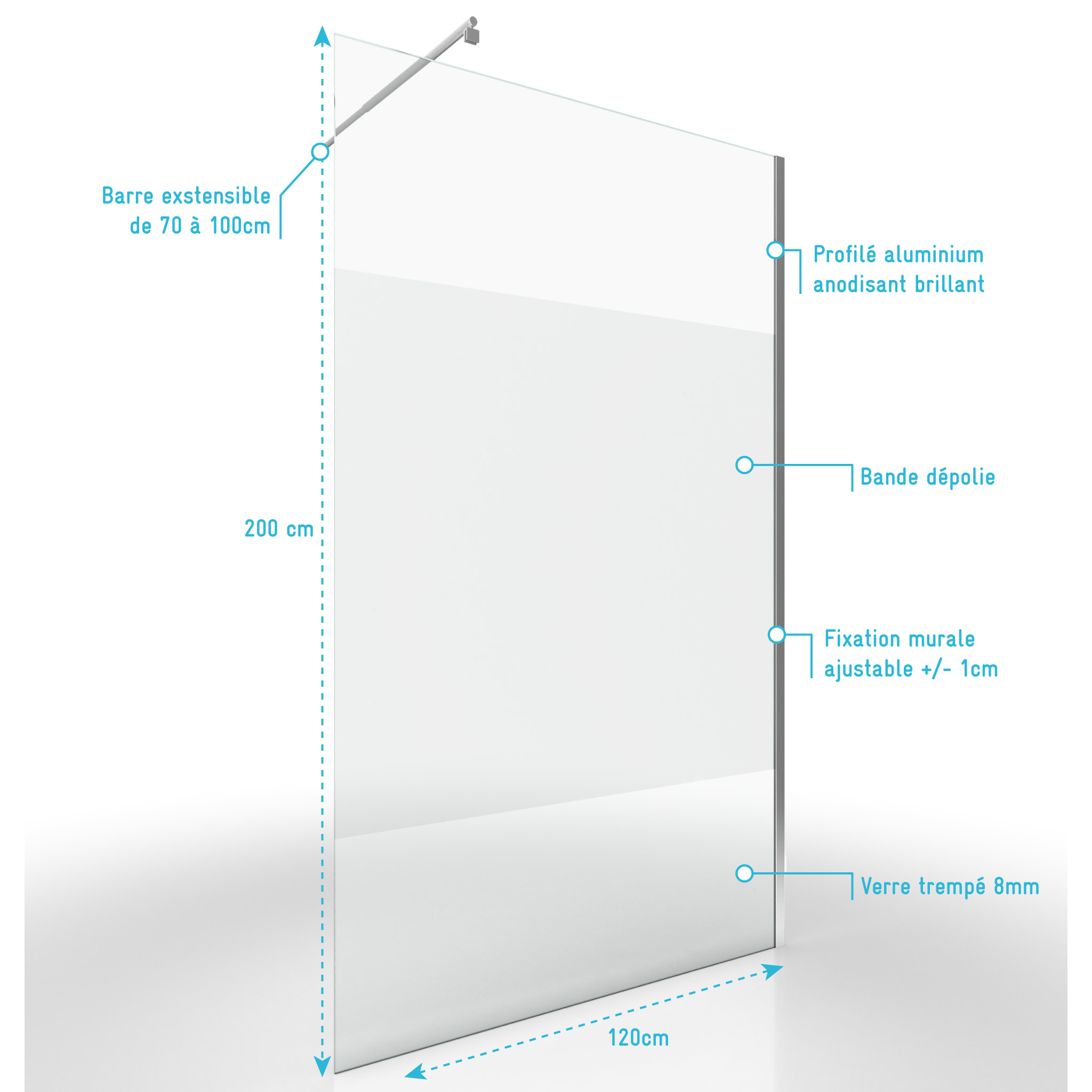 Paroi de Douche Dépolie 120x200cm + Barre de fixation extensible - Verre 8mm - Finition Chrome