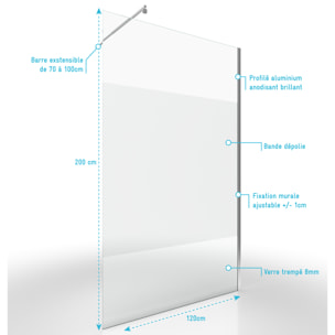 Paroi de Douche Dépolie 120x200cm + Barre de fixation extensible - Verre 8mm - Finition Chrome