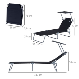 Transat bain de soleil pliable grand confort dossier et pare-soleil réglable multi-positions noir