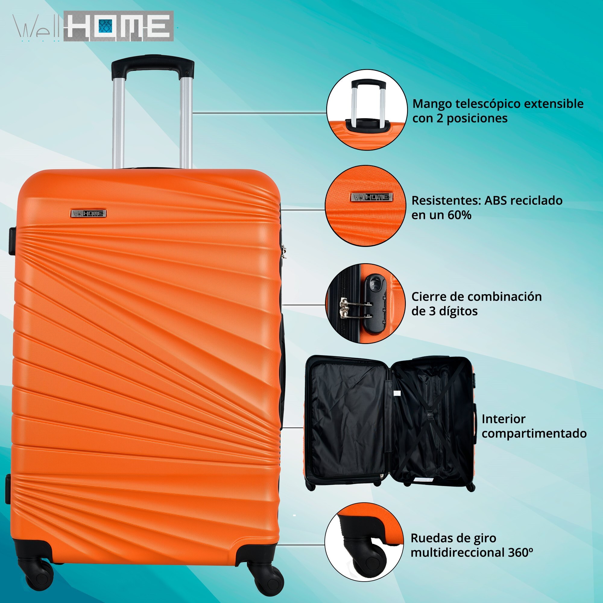 Juego de maletas rígidas 4 piezas en turquesa coral naranja