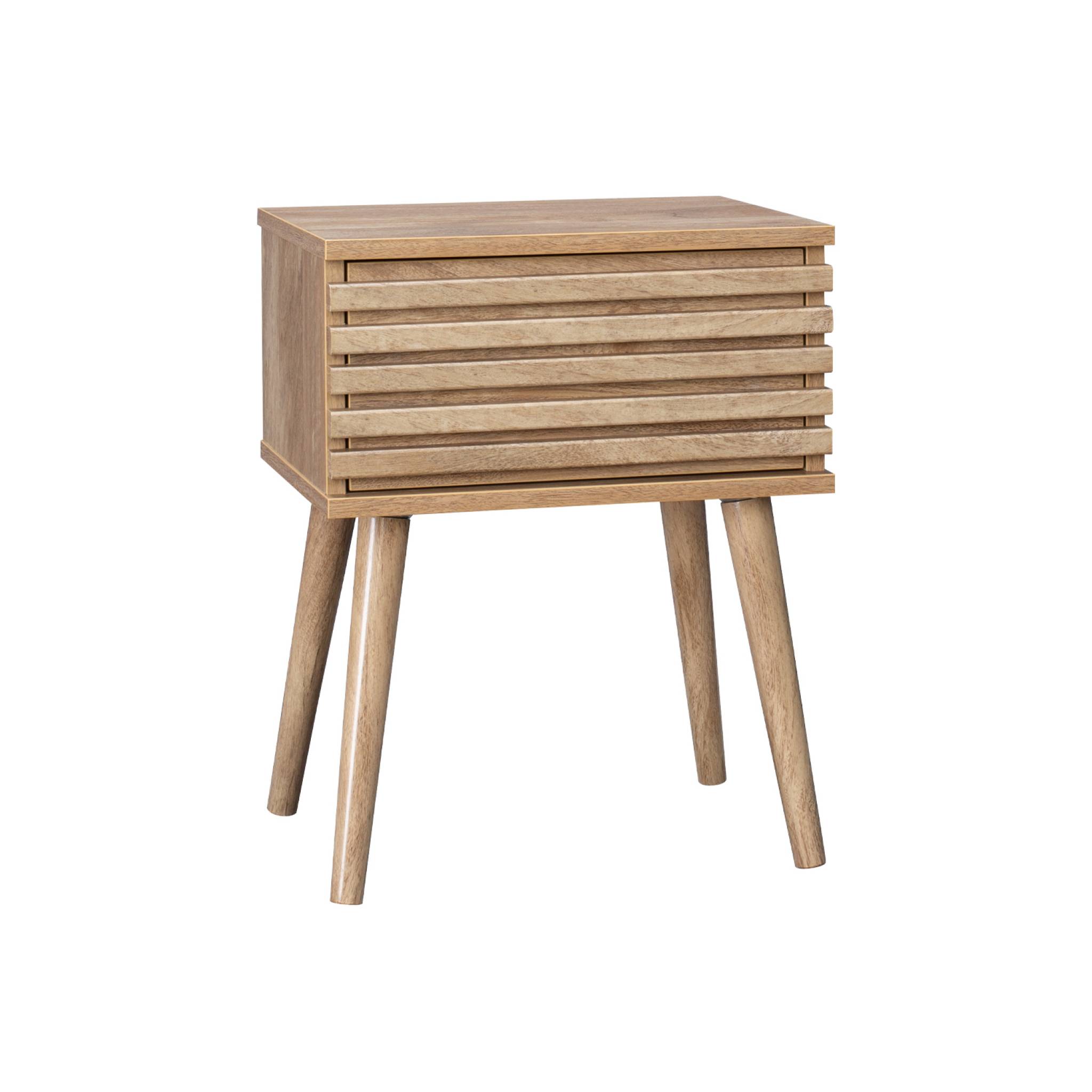Table de chevet style scandinave décor bois avec tiroir rainuré et pieds compas