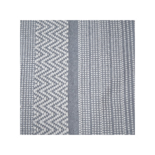 Tapis en coton brodé lignes et chevrons gris clair avec franges - MINA