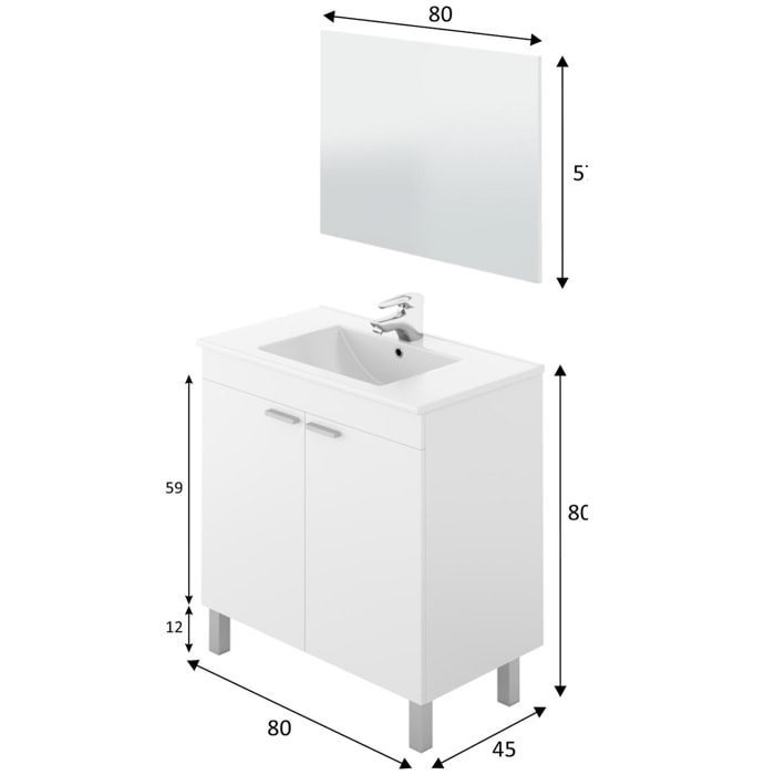 Mueble baño lupe 2p 80cm color blanco brillo con espejo, sin lavabo