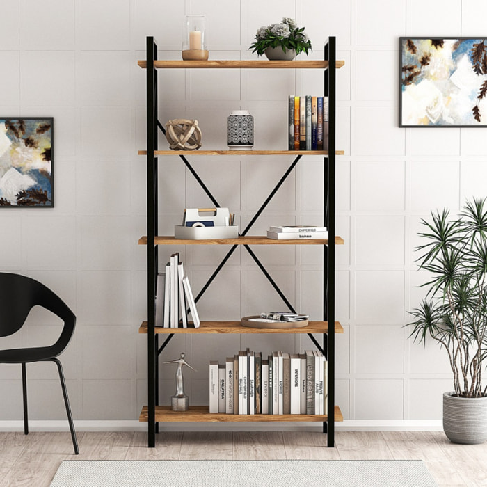 MILI - Bibliothèque design en métal - 5 étagères - bois et noir