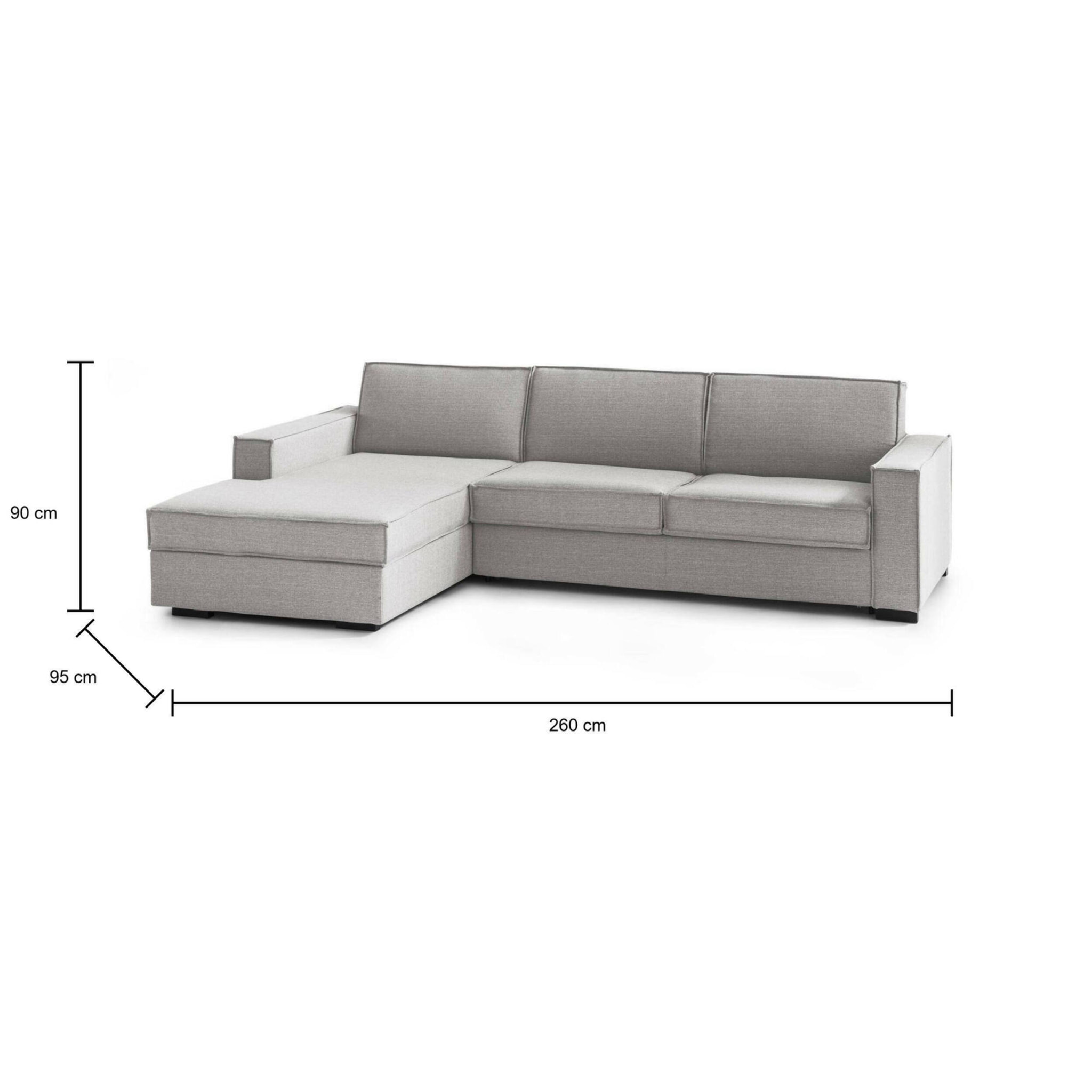 Divano letto con penisola Albenga, Sofà apertura girevole, Penisola contenitore Sinistra, Braccioli slim, 100% Made in Italy, Cm 260x95h90, Grigio