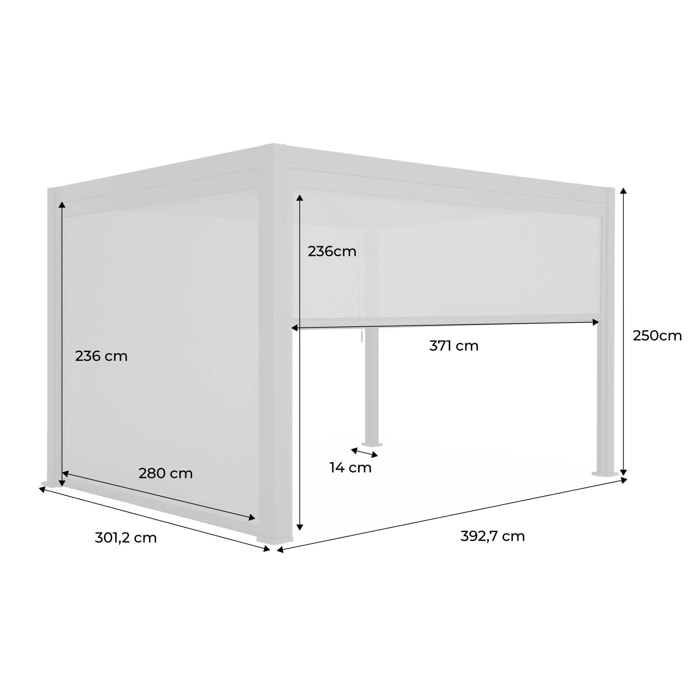 Pergola Bioclimatique blanche 300 x 400cm. aluminium à lames orientables + store 300cm + store 400cm