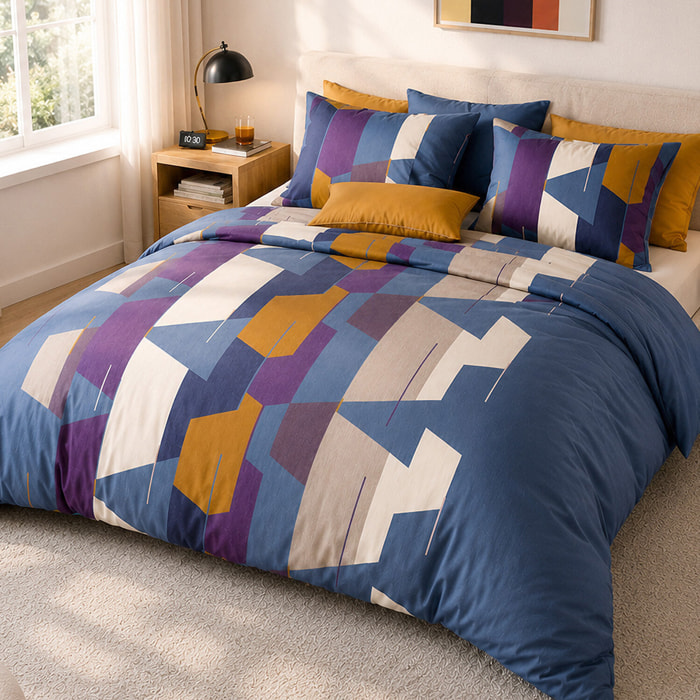 Parure housse de couette 100% percale de coton motif géométrique abstrait - AXOM