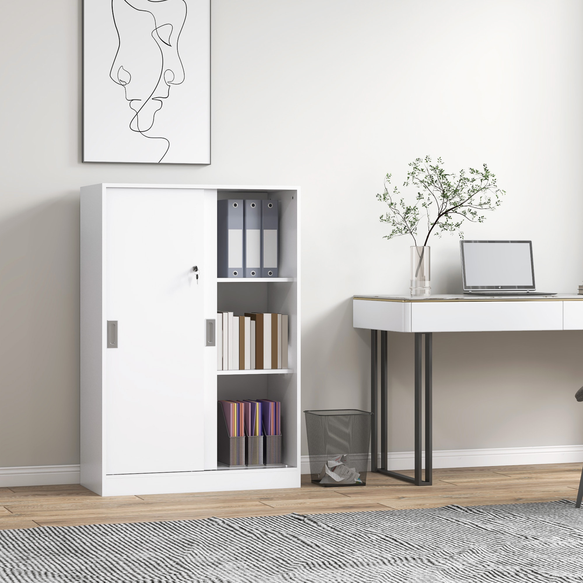 Armoire de bureau 2 portes coulissantes verrouillables dim. 80L x 40l x 120H cm 2 étagères panneaux particules blanc