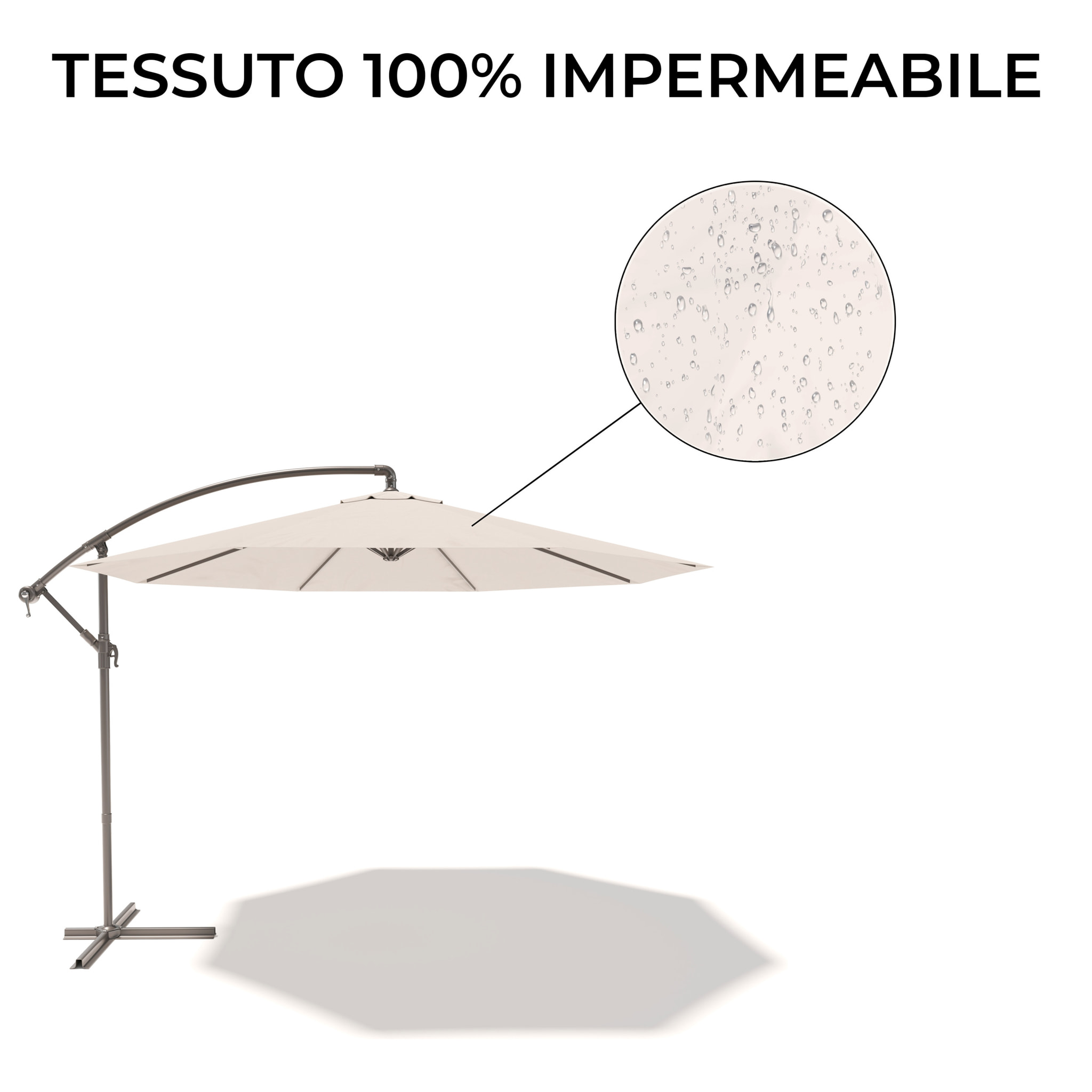 Ombrellone 3x3 M Decentrato Retrattile Braccio Rotabile Chiusura Manovella Giardino Piscina In Acciaio Inossidabile Telo 180 g/m2 Impermeabile Panna