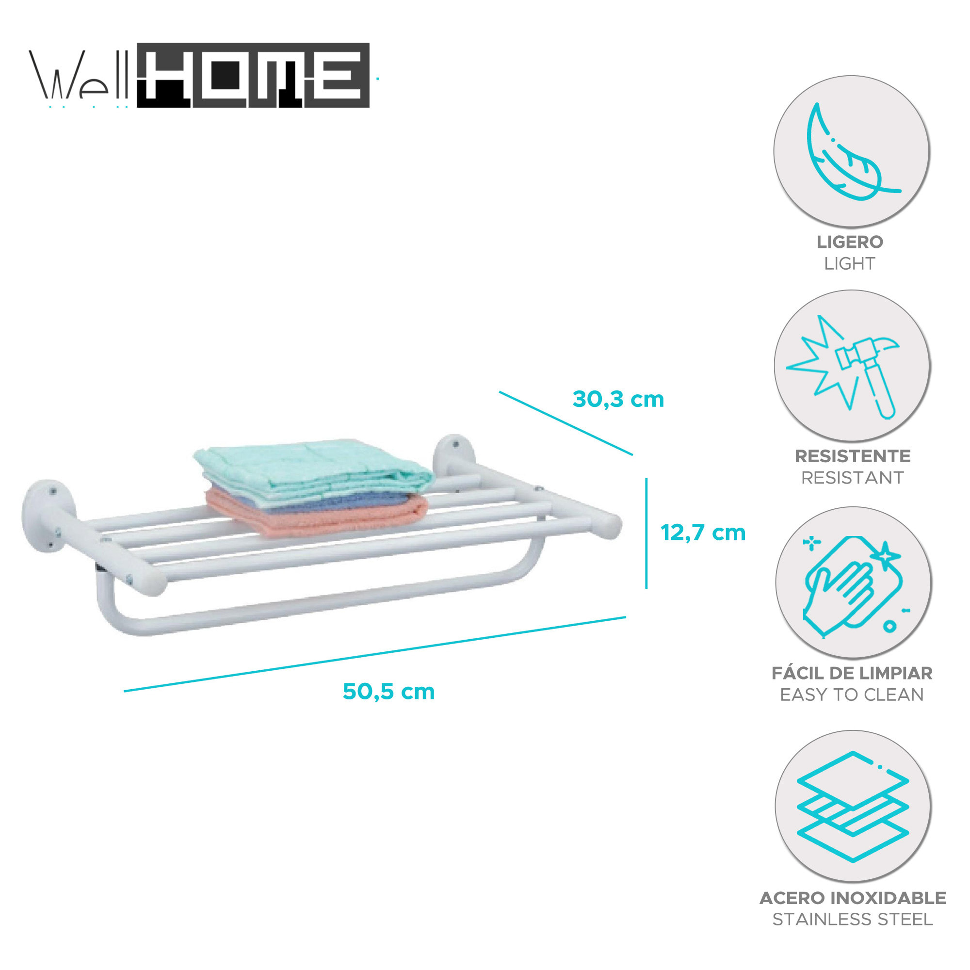 Estante con toallero 2 en 1 de metal - Organizador funcional de 50,5x30,3x12,7cm