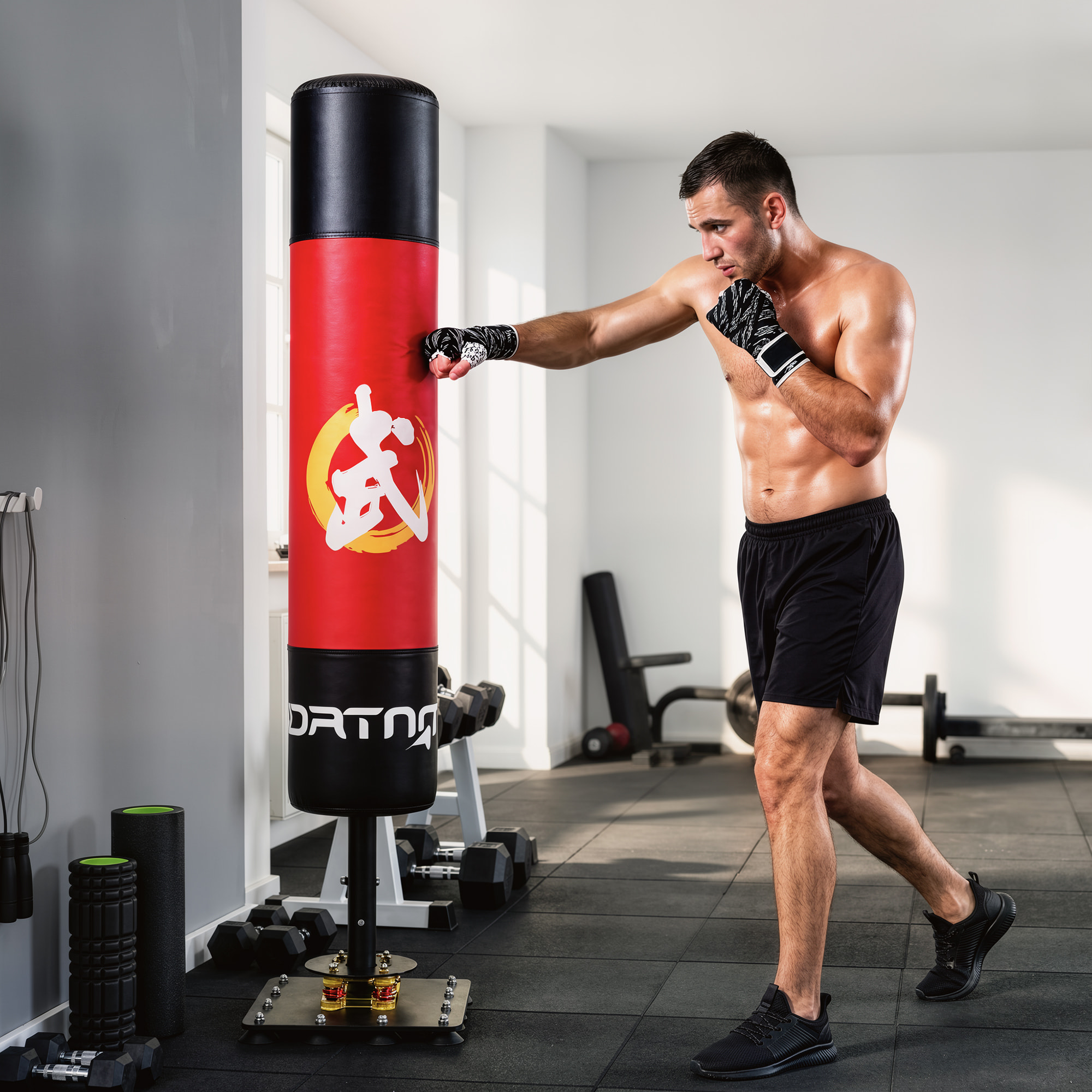 Saco de Boxeo de Pie para Adultos 156 cm, Punching Ball Pesado con 12 Ventosas, Absorción de Impactos, para Kickboxing, MMA, Muay Thai, Entrenamiento en Casa