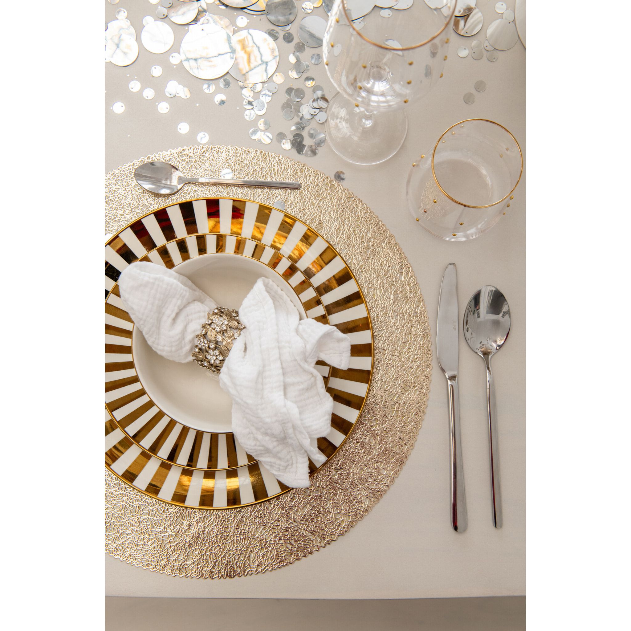 J-Line assiette Lignés - porcelaine - or/blanc - medium - boîte de 4