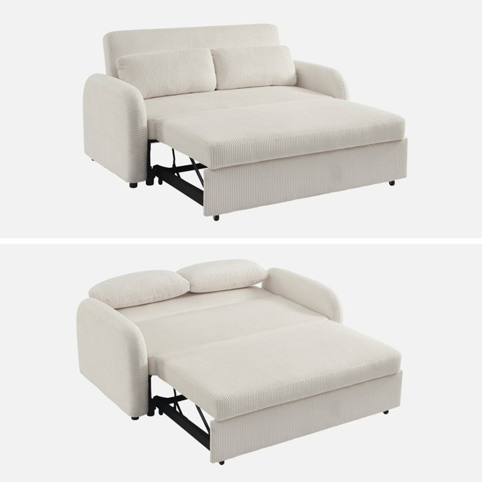 Canapé convertible arrondi 2 places velours côtelé blanc L 168 x P 90 x H 88cm - Lino
