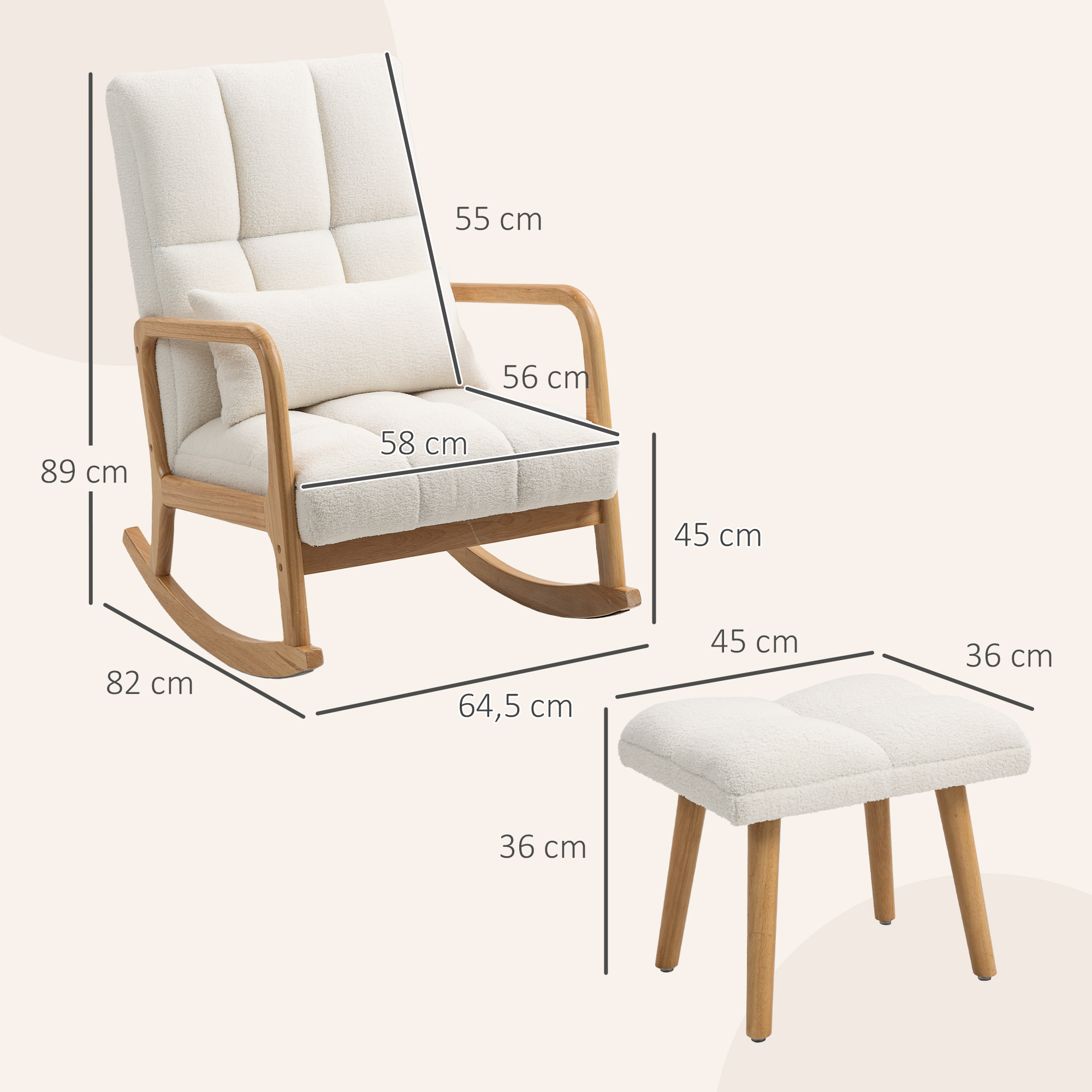 Fauteuil à bascule tissu laine bouclée matelasée avec repose-pieds style nordique