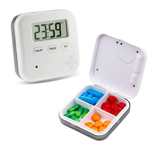 Pillola con 5 allarmi di promemoria al giorno, orologio digitale e conto alla rovescia. Allarme sonoro e con vibrazione.